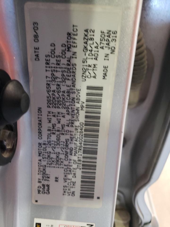 2004 Toyota 4Runner Limited VIN: JTEBT17R640028400 Lot: 68173504