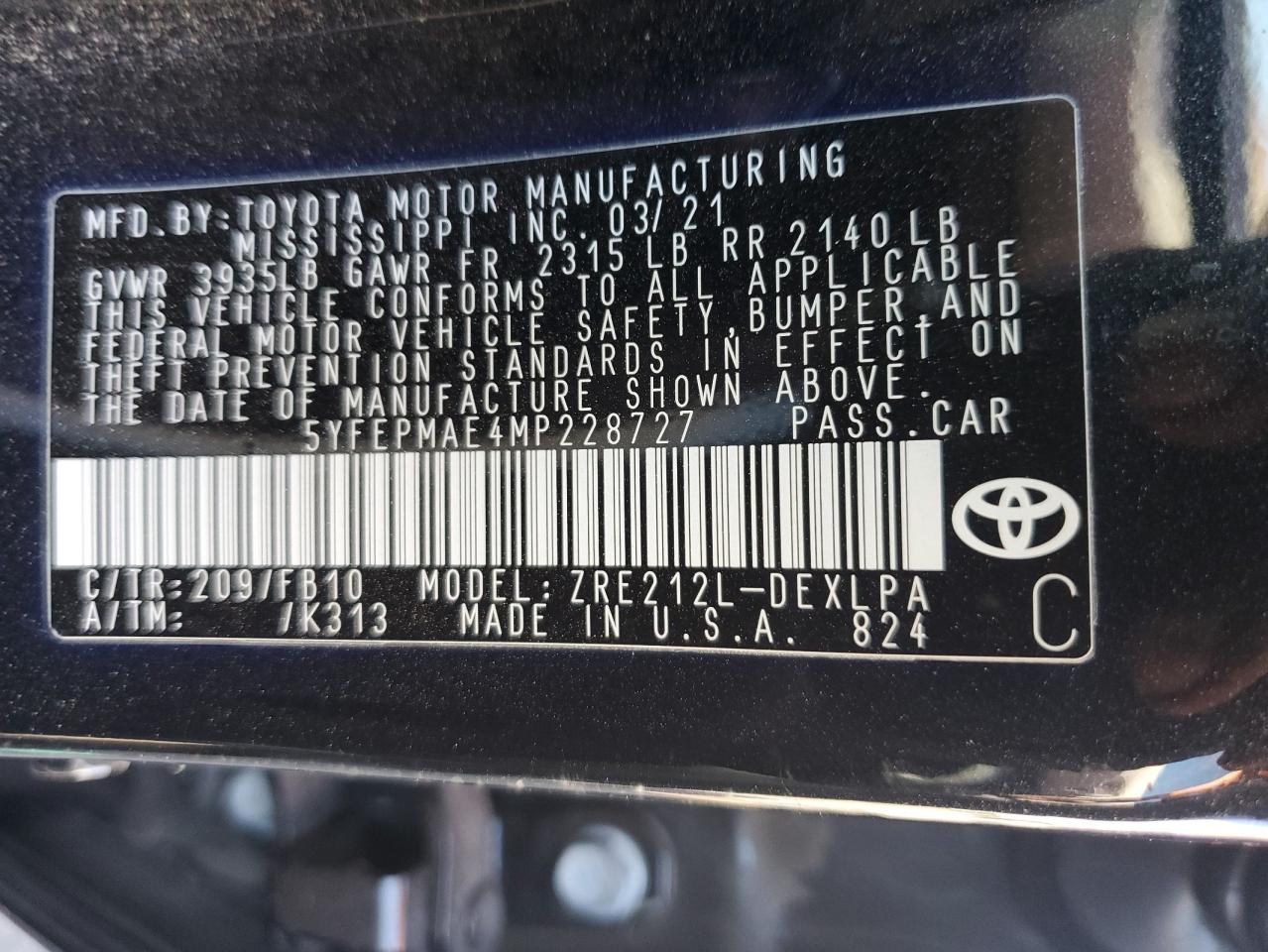 5YFEPMAE4MP228727 2021 Toyota Corolla Le