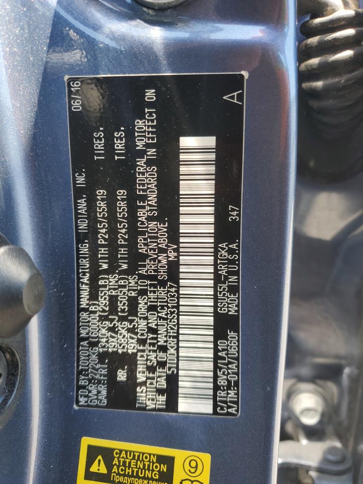 2016 Toyota Highlander Limited VIN: 5TDDKRFH2GS310347 Lot: 67150164