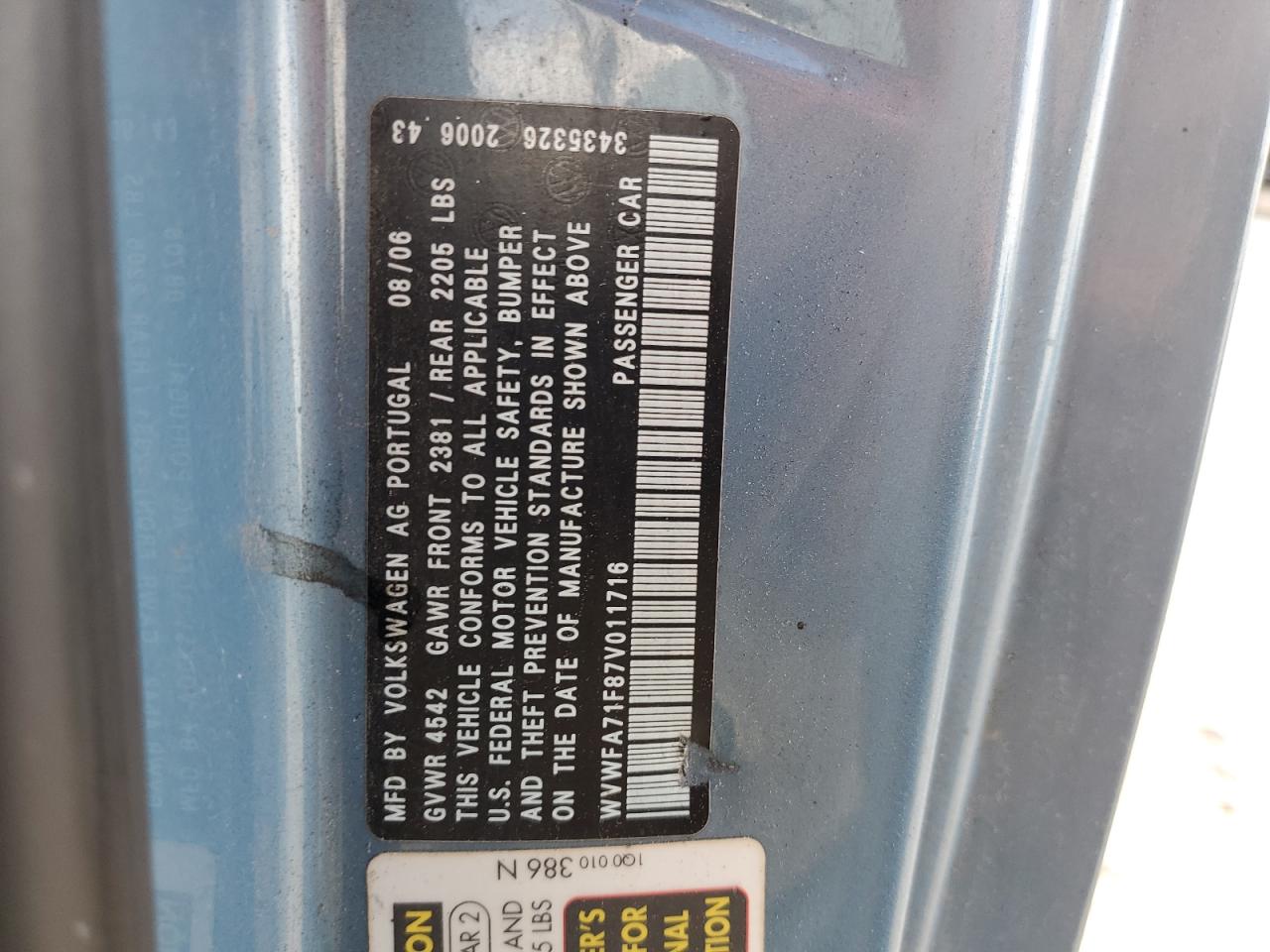 2007 Volkswagen Eos 2.0T Luxury VIN: WVWFA71F87V011716 Lot: 68946314