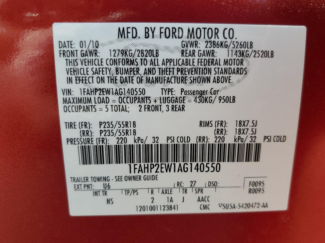 2010 Ford Taurus Sel VIN: 1FAHP2EW1AG140550 Lot: 68465454