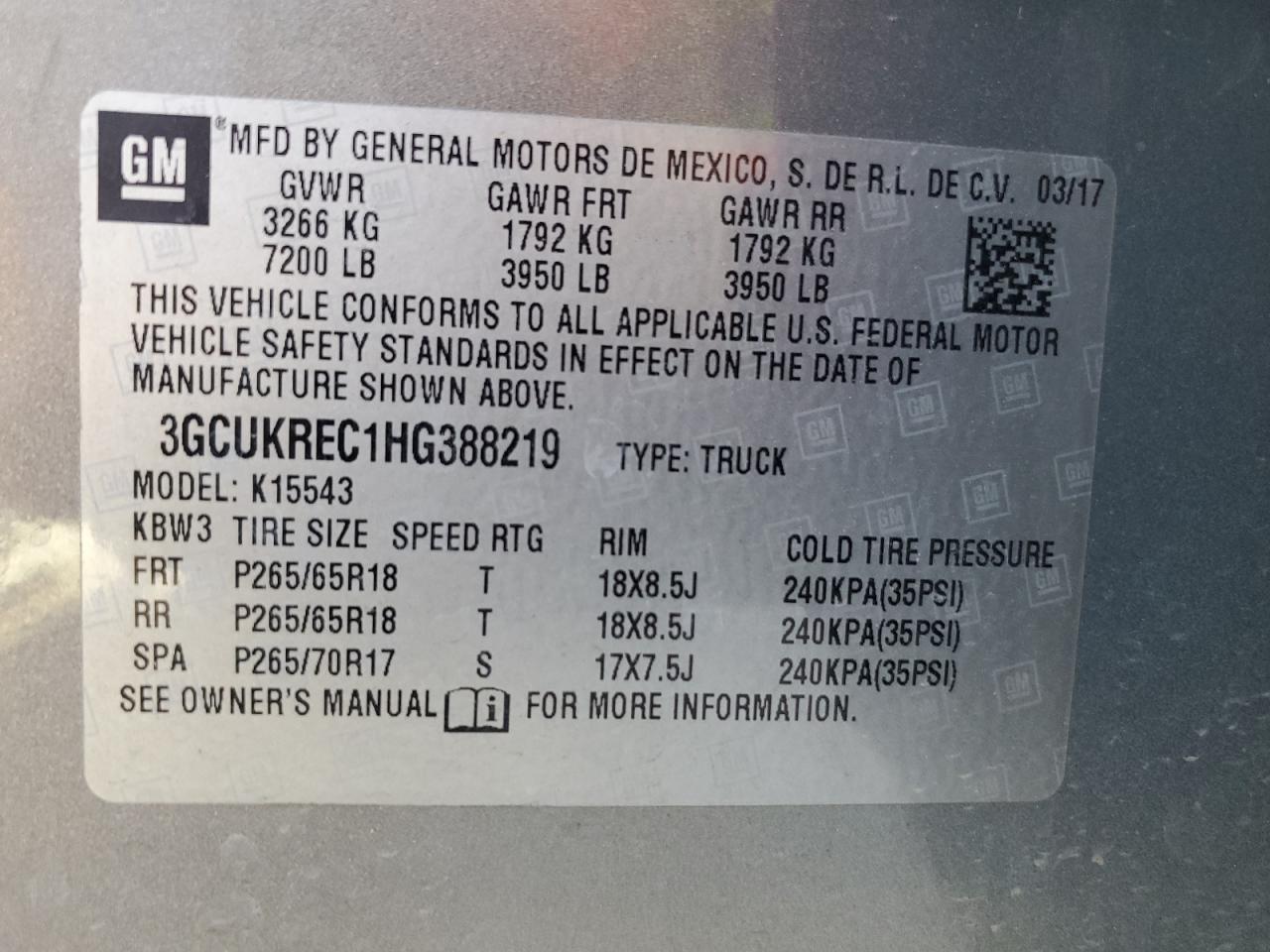 3GCUKREC1HG388219 2017 Chevrolet Silverado K1500 Lt