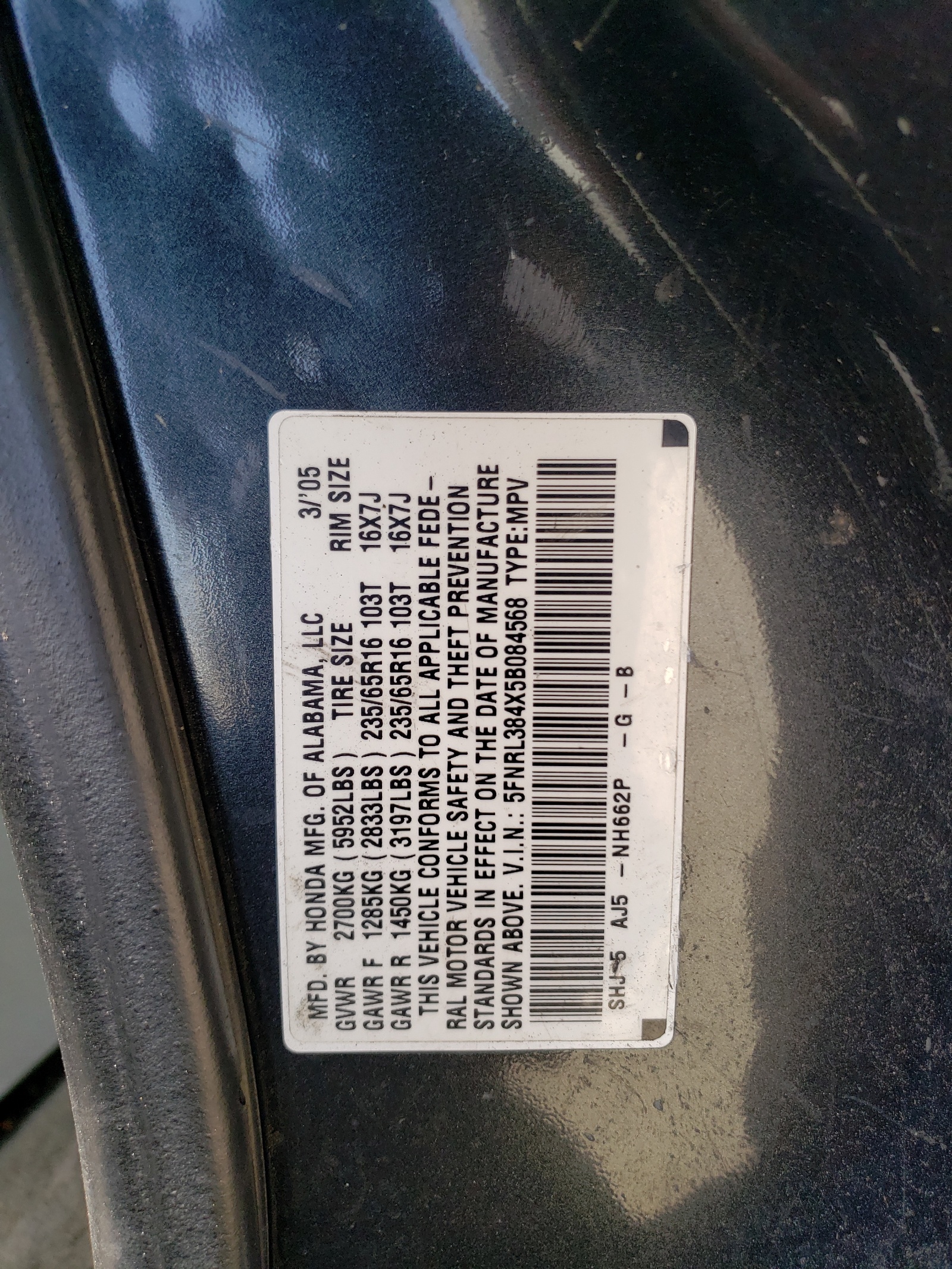 5FNRL384X5B084568 2005 Honda Odyssey Ex