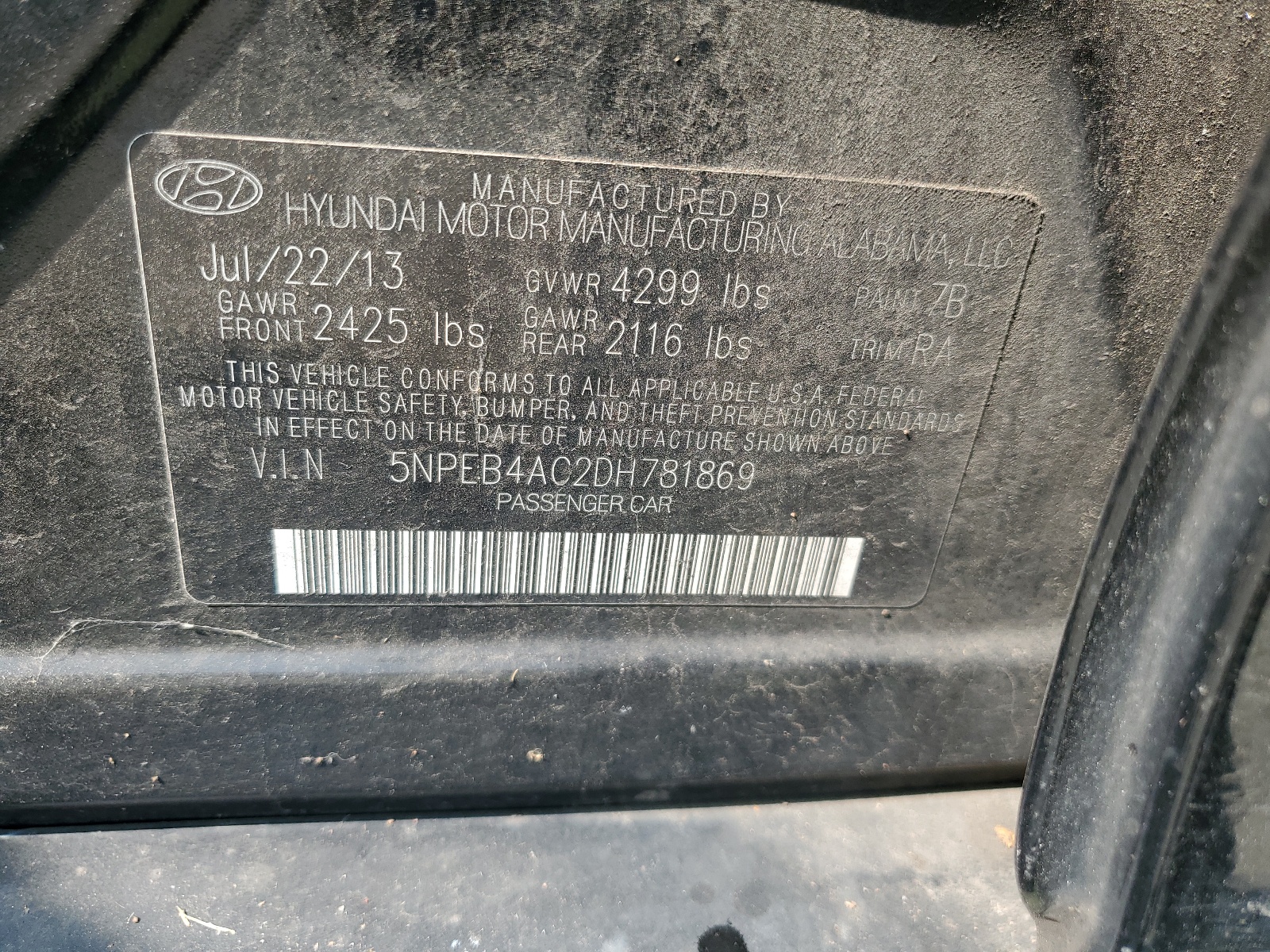 5NPEB4AC2DH781869 2013 Hyundai Sonata Gls