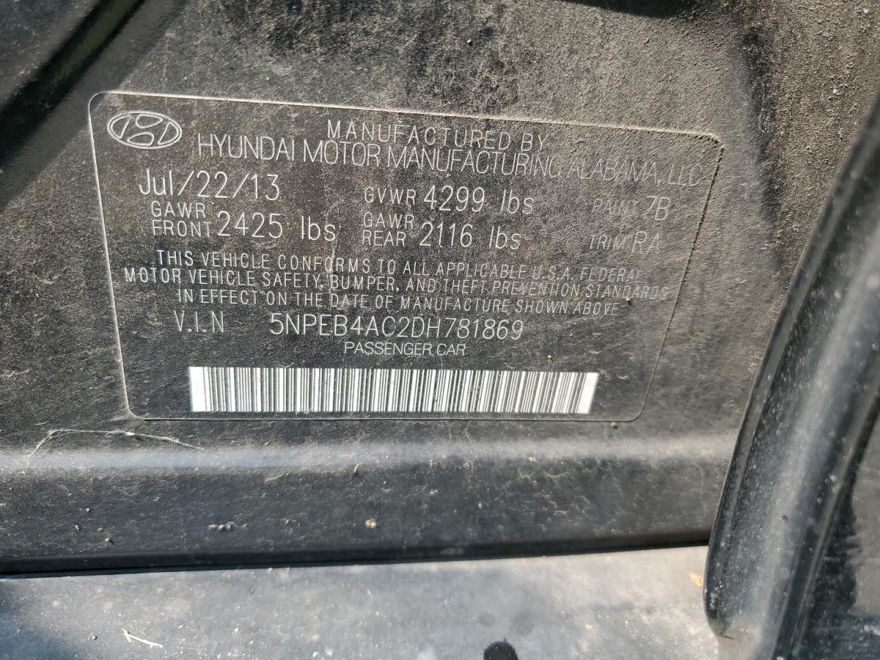 2013 Hyundai Sonata Gls VIN: 5NPEB4AC2DH781869 Lot: 67574274