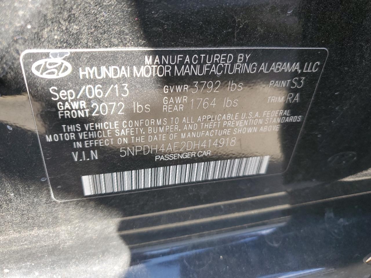 2013 Hyundai Elantra Gls VIN: 5NPDH4AE2DH414918 Lot: 67499954