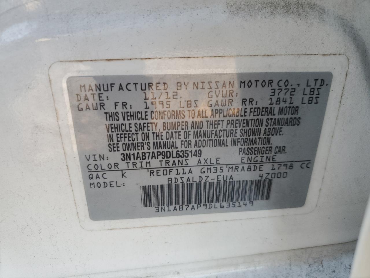 2013 Nissan Sentra S VIN: 3N1AB7AP9DL635149 Lot: 65805004