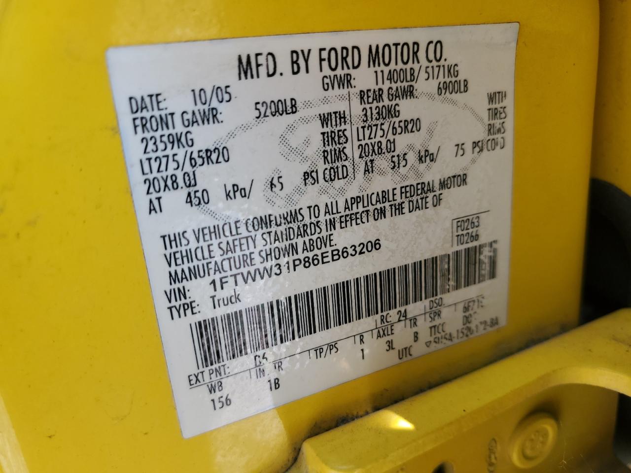 2006 Ford F350 Srw Super Duty VIN: 1FTWW31P86EB63206 Lot: 66371264