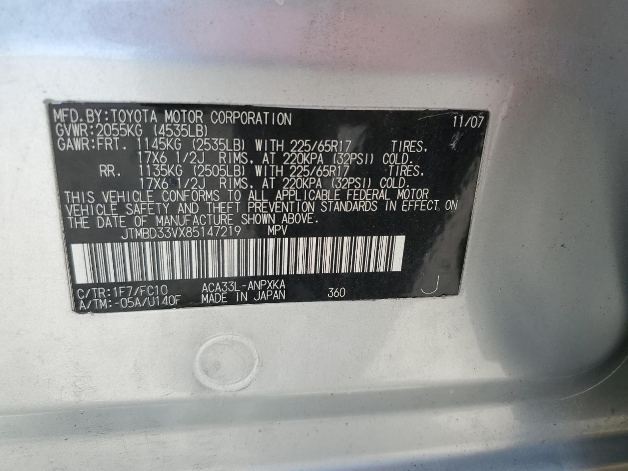 2008 Toyota Rav4 VIN: JTMBD33VX85147219 Lot: 67193174