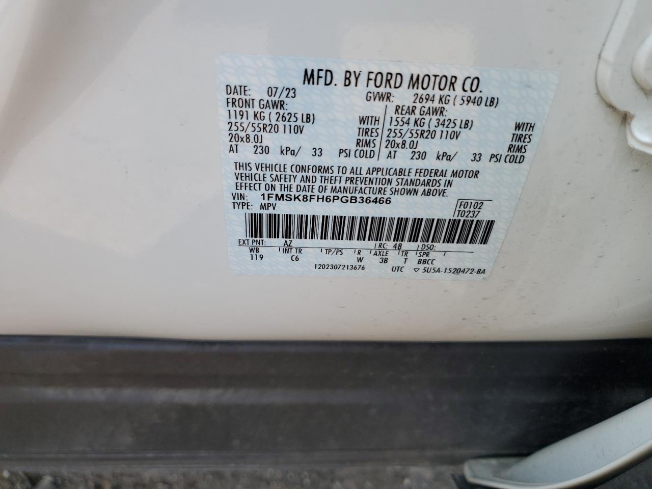 2023 Ford Explorer Limited VIN: 1FMSK8FH6PGB36466 Lot: 68324904