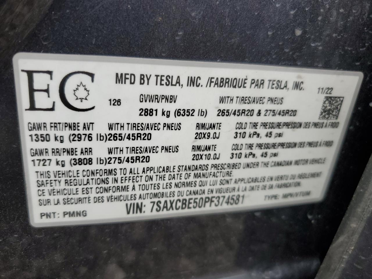 2023 Tesla Model X VIN: 7SAXCBE50PF374581 Lot: 67861194