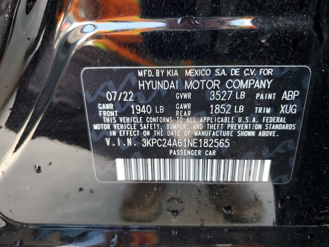 3KPC24A61NE182565 2022 Hyundai Accent Se