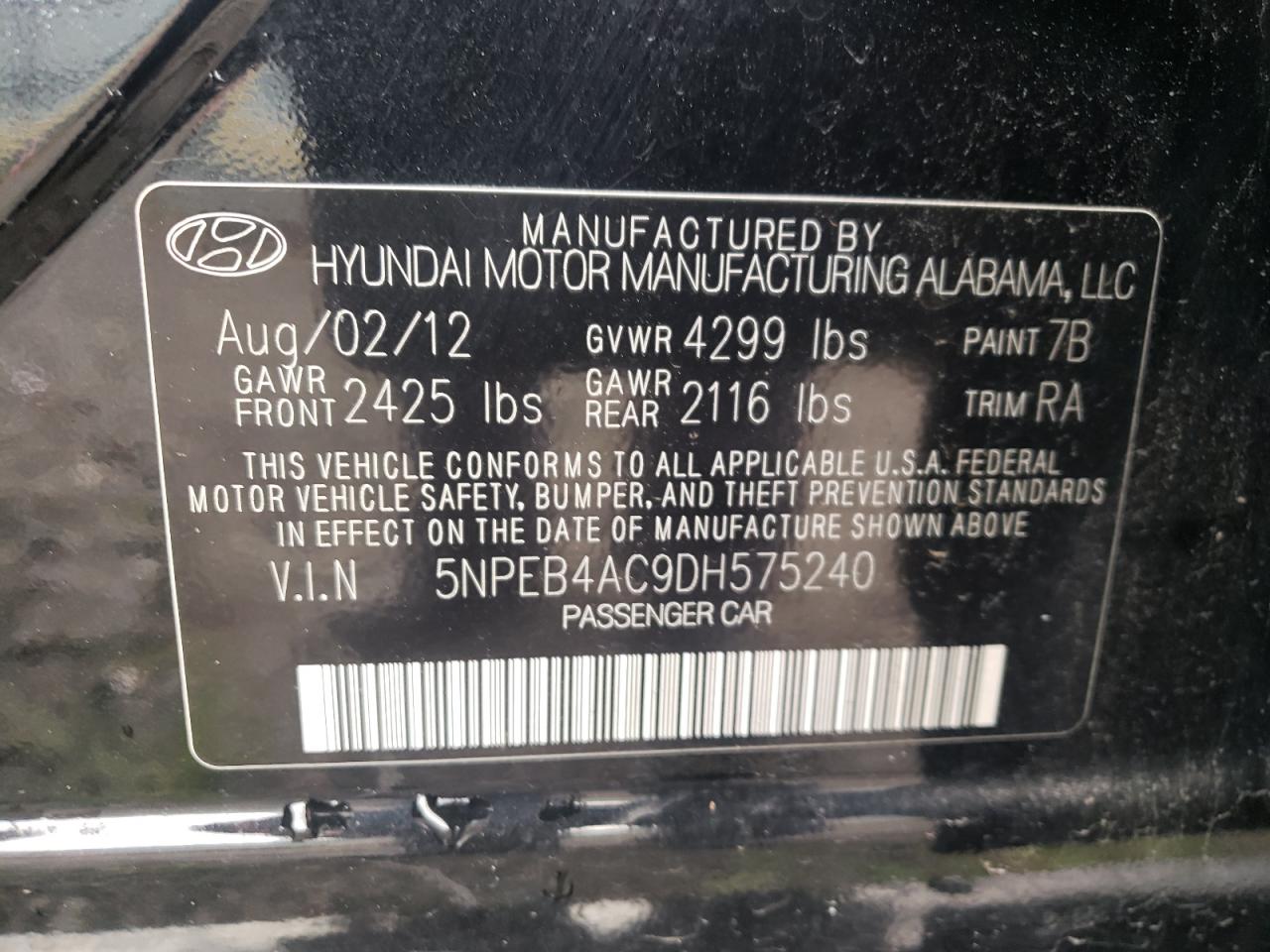 2013 Hyundai Sonata Gls VIN: 5NPEB4AC9DH575240 Lot: 66361074