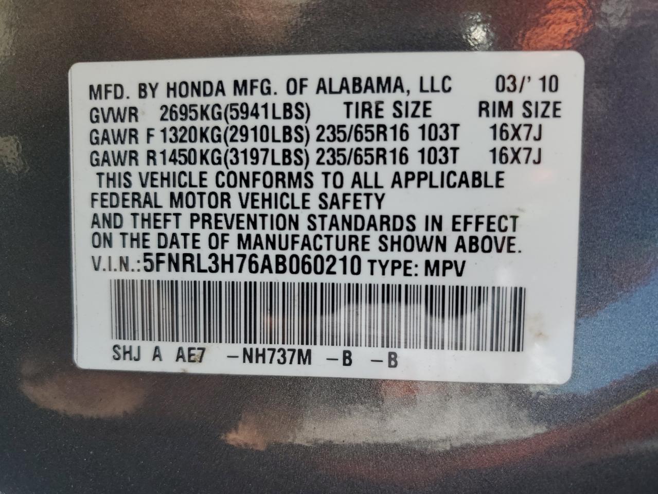 2010 Honda Odyssey Exl VIN: 5FNRL3H76AB060210 Lot: 68052974