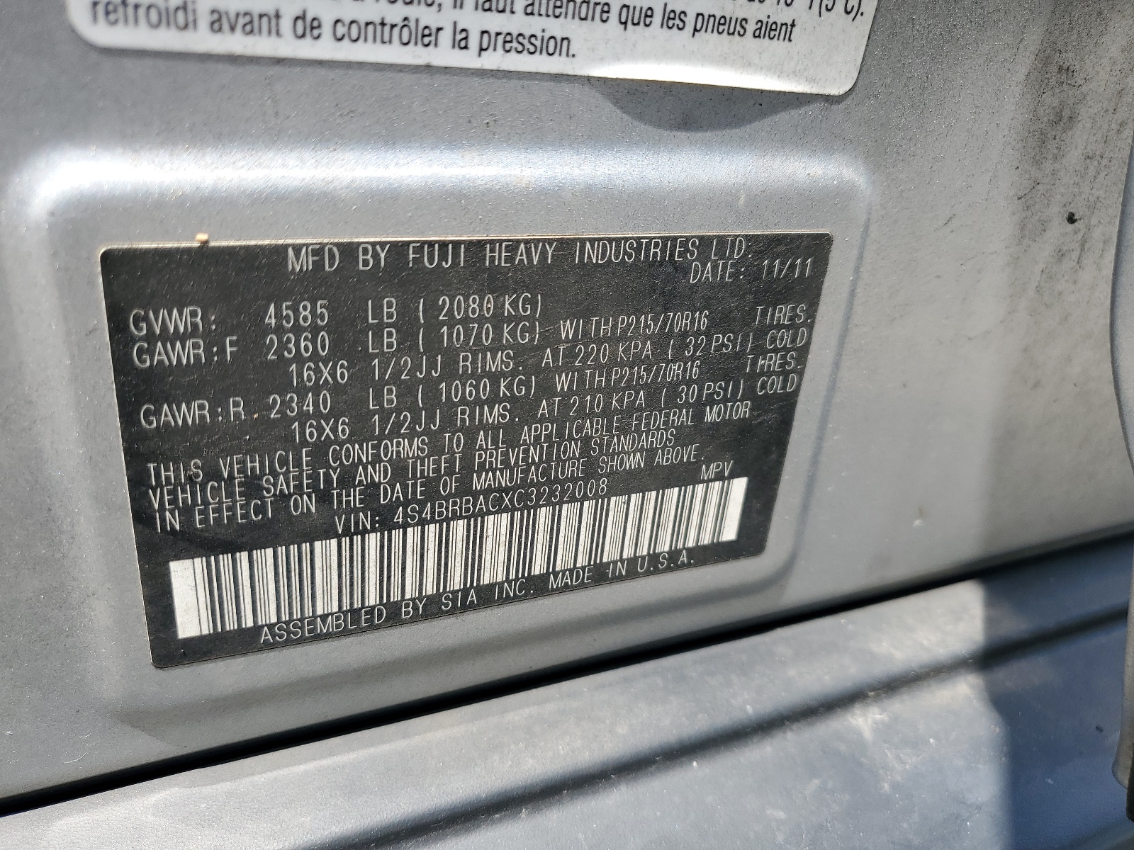 4S4BRBACXC3232008 2012 Subaru Outback 2.5I