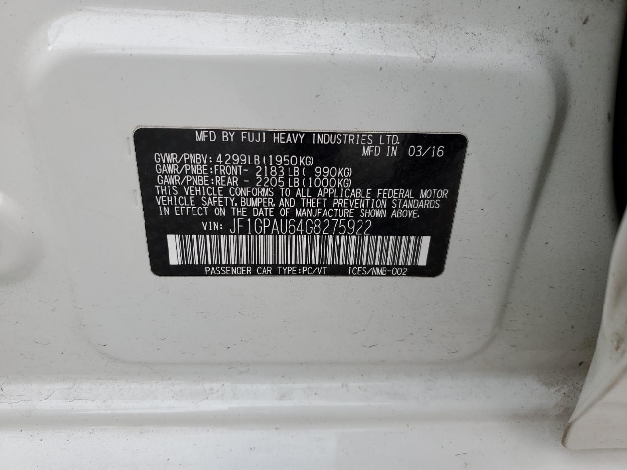 JF1GPAU64G8275922 2016 Subaru Impreza Sport Limited