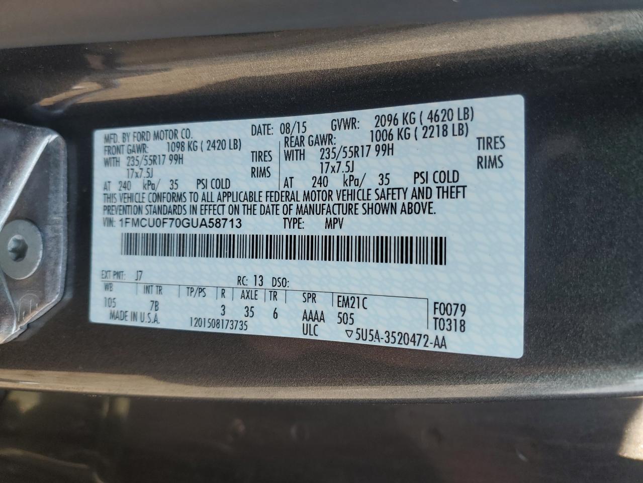 2016 Ford Escape S VIN: 1FMCU0F70GUA58713 Lot: 65503824