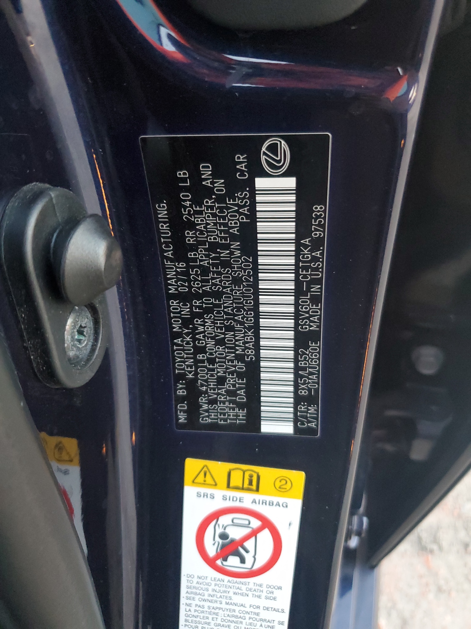 58ABK1GG1GU012502 2016 Lexus Es 350