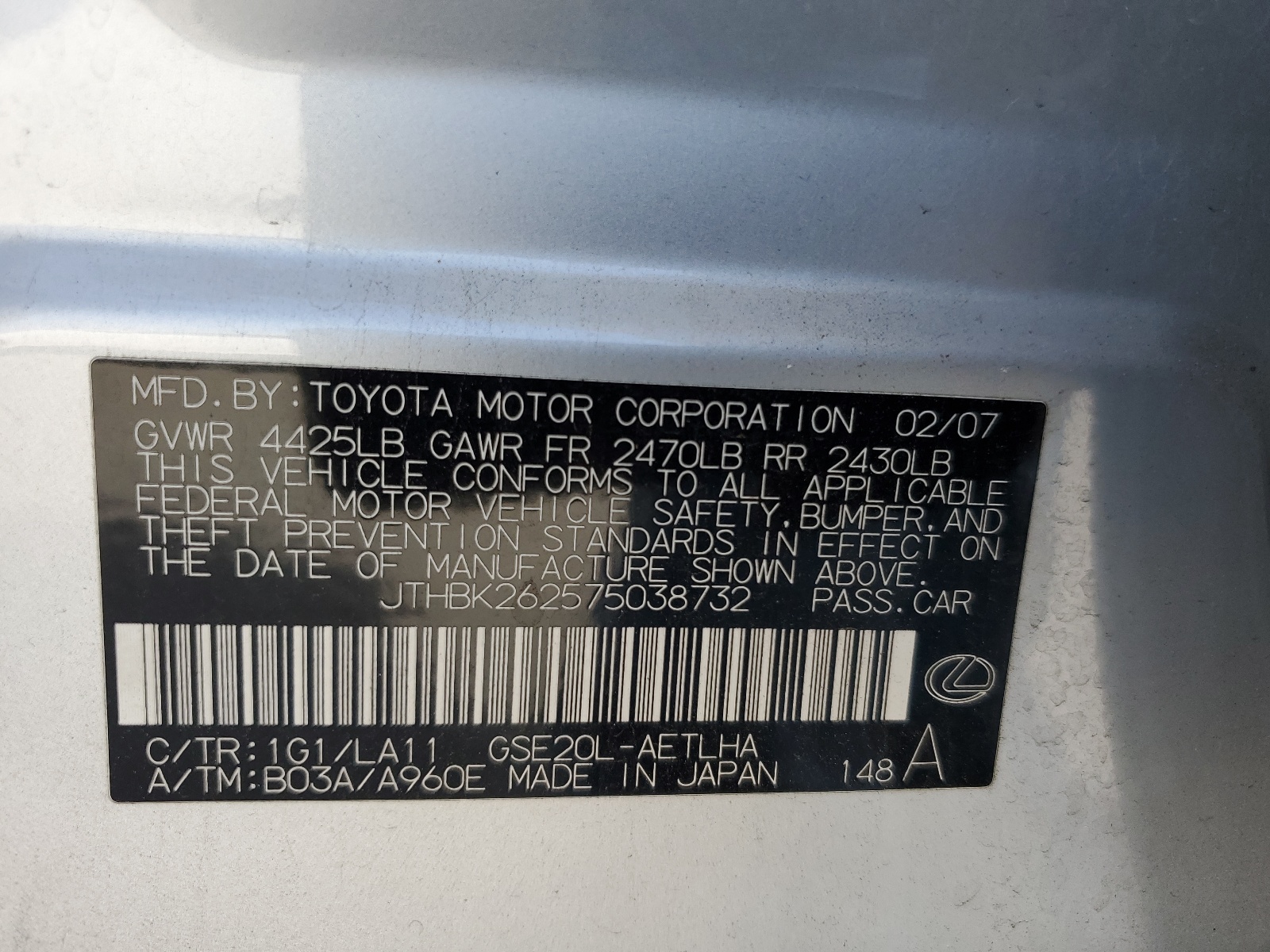 JTHBK262575038732 2007 Lexus Is 250