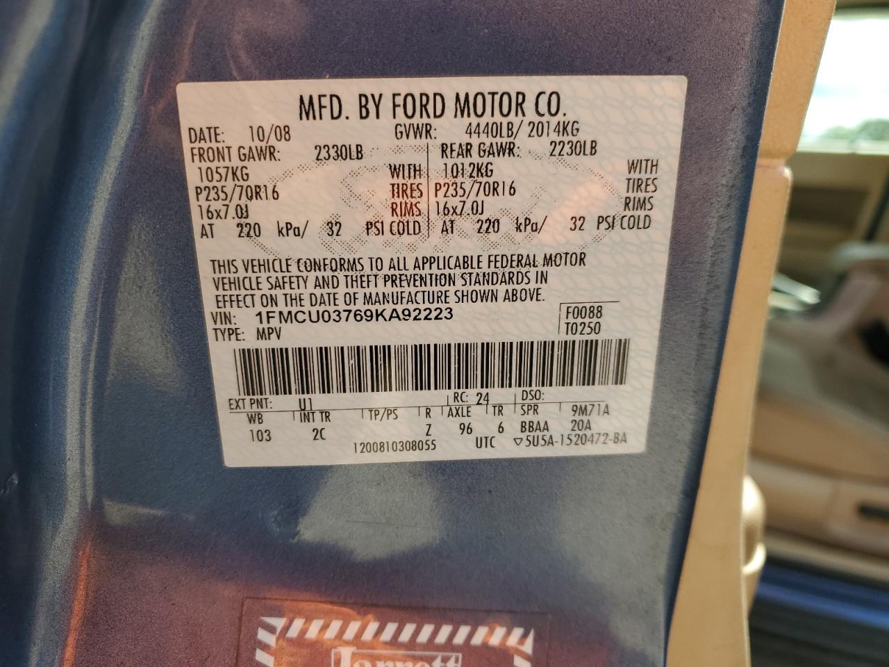 2009 Ford Escape Xlt VIN: 1FMCU03769KA92223 Lot: 69026134