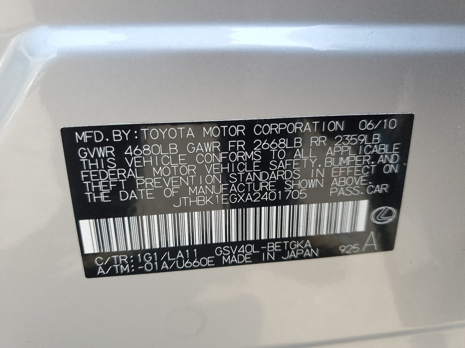 JTHBK1EGXA2401705 2010 Lexus Es 350