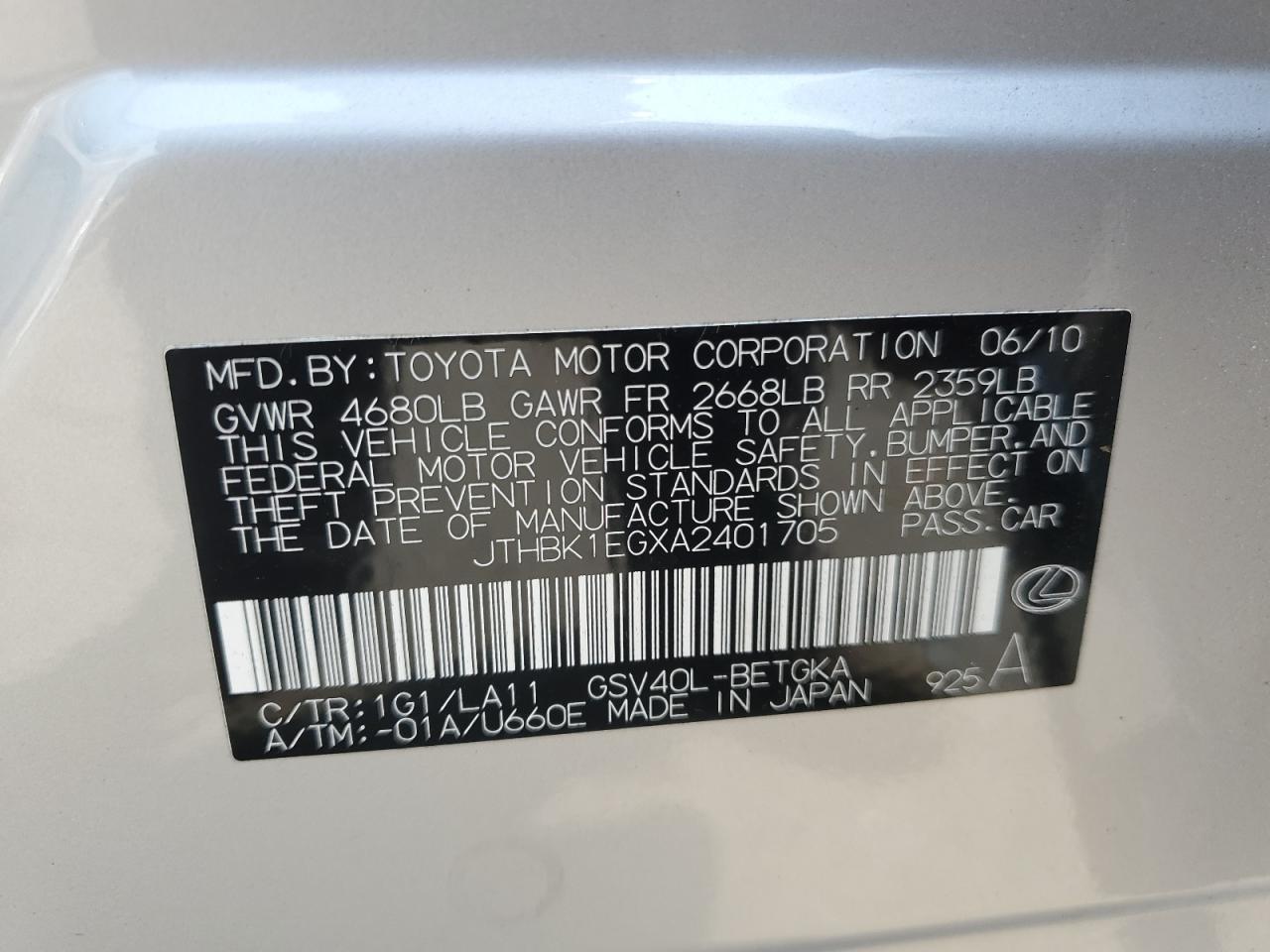 2010 Lexus Es 350 VIN: JTHBK1EGXA2401705 Lot: 65384544