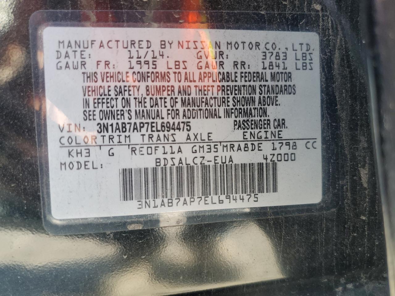 3N1AB7AP7EL694475 2014 Nissan Sentra S