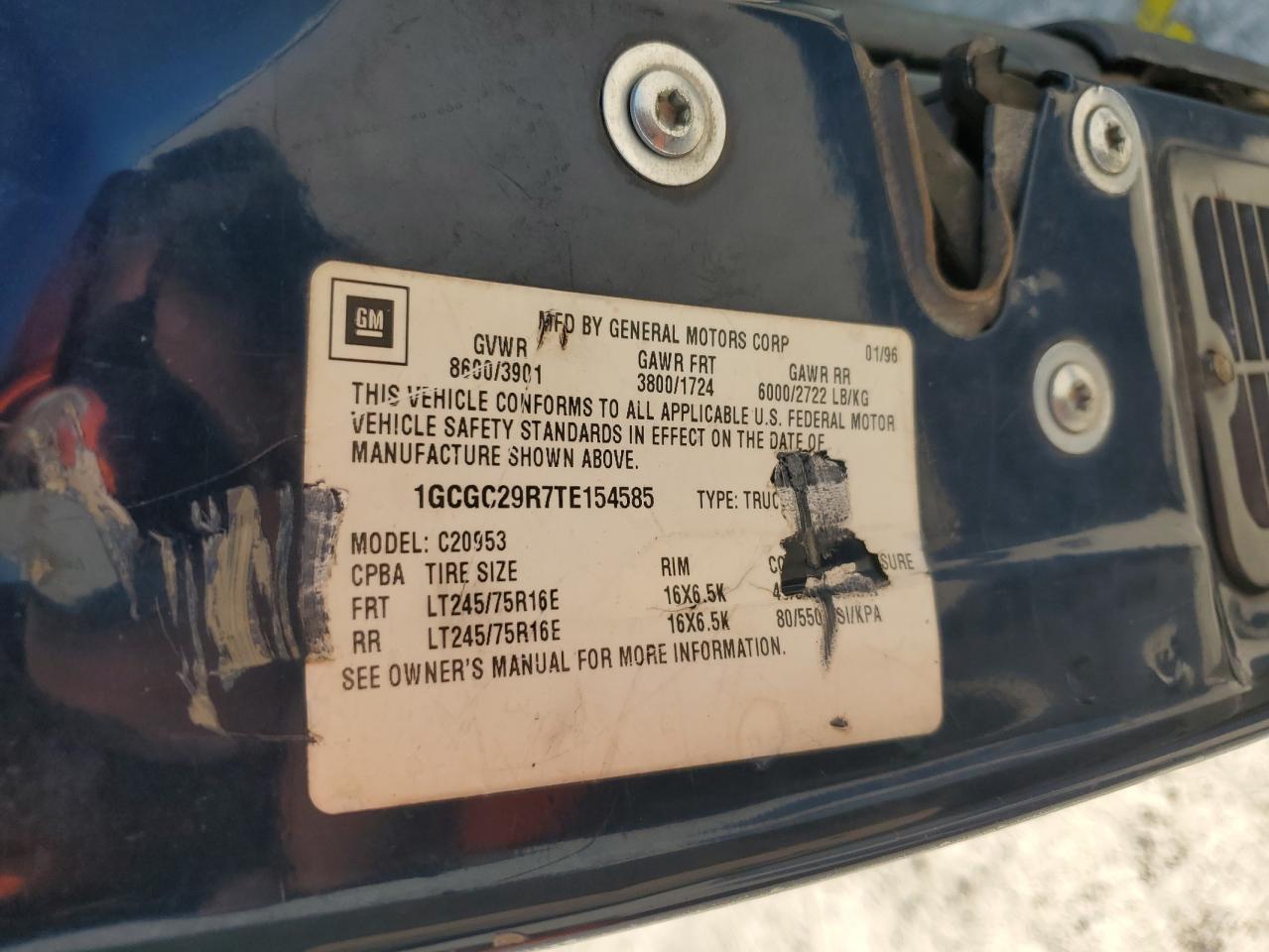 1996 Chevrolet Gmt-400 C2500 VIN: 1GCGC29R7TE154585 Lot: 68012514