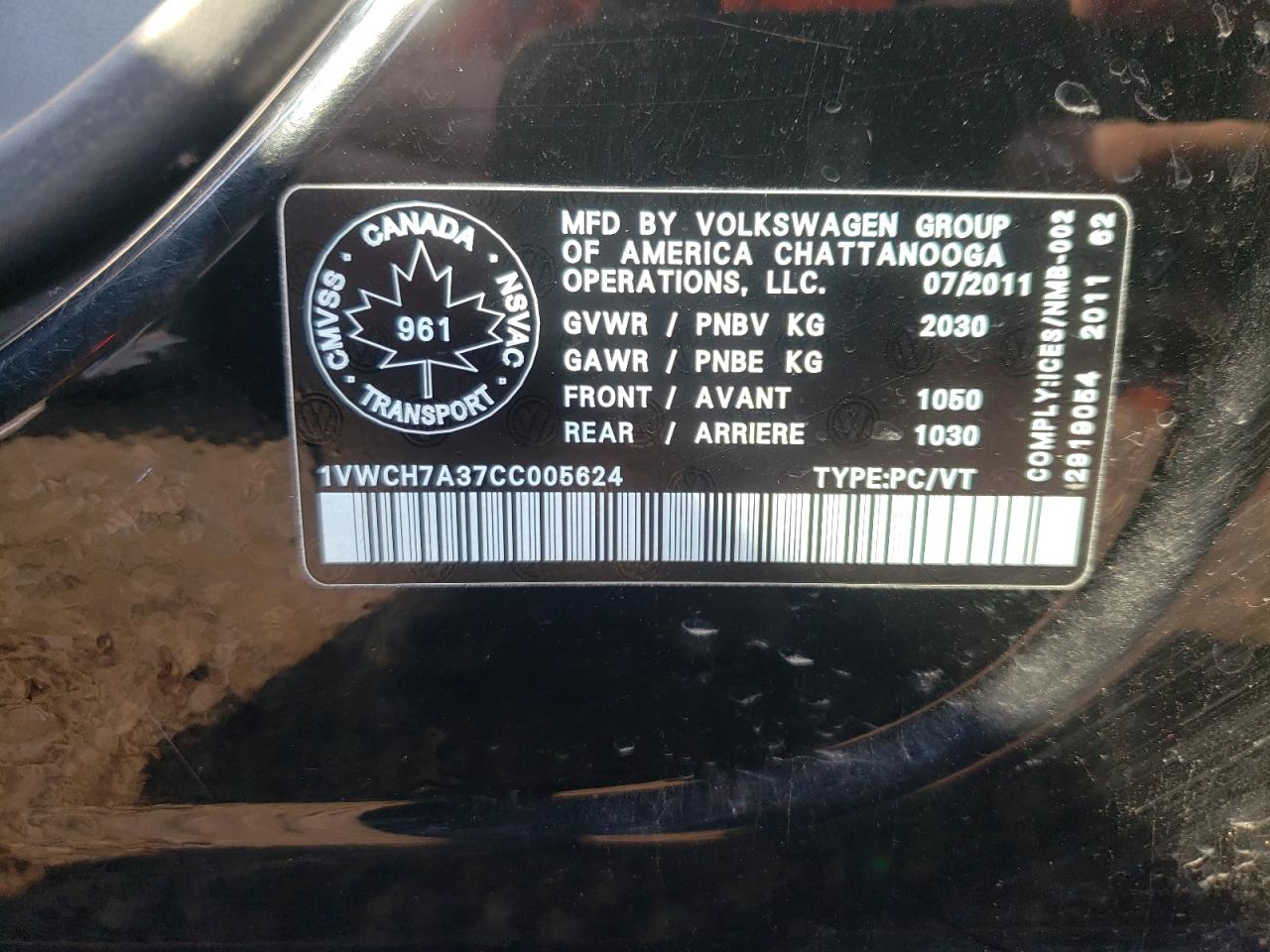 2012 Volkswagen Passat Sel VIN: 1VWCH7A37CC005624 Lot: 66599364