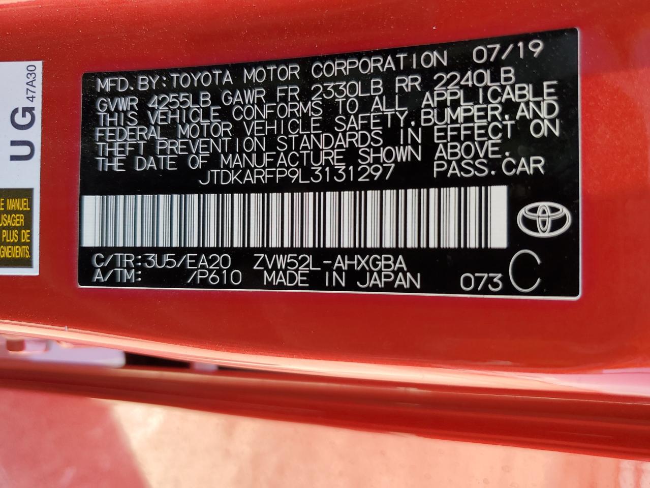 2020 Toyota Prius Prime Le VIN: JTDKARFP9L3131297 Lot: 66210384