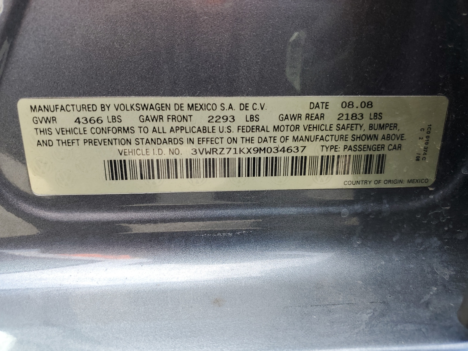 3VWRZ71KX9M034637 2009 Volkswagen Jetta Se