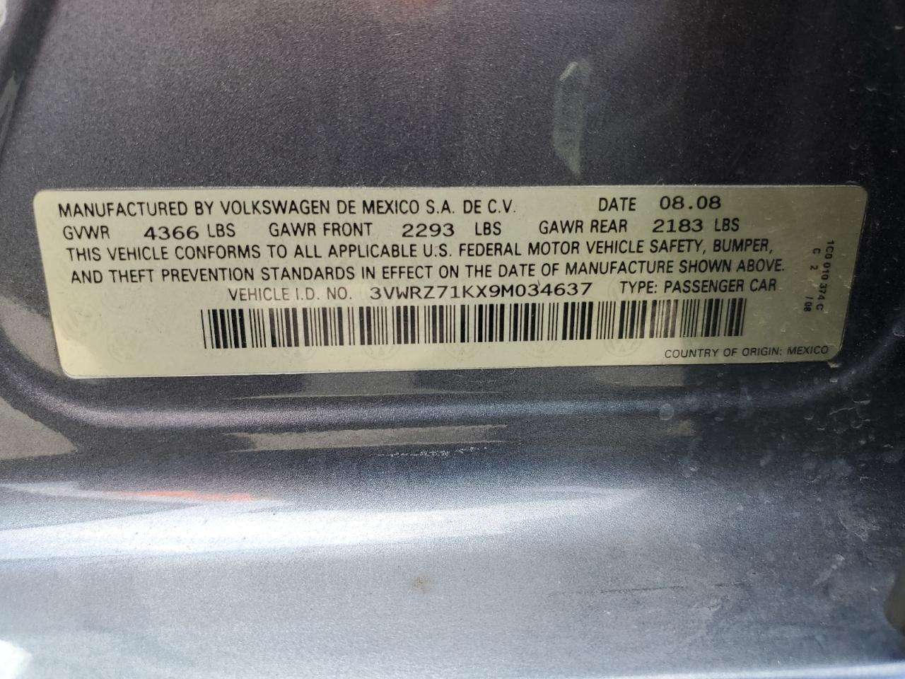 2009 Volkswagen Jetta Se VIN: 3VWRZ71KX9M034637 Lot: 65801264