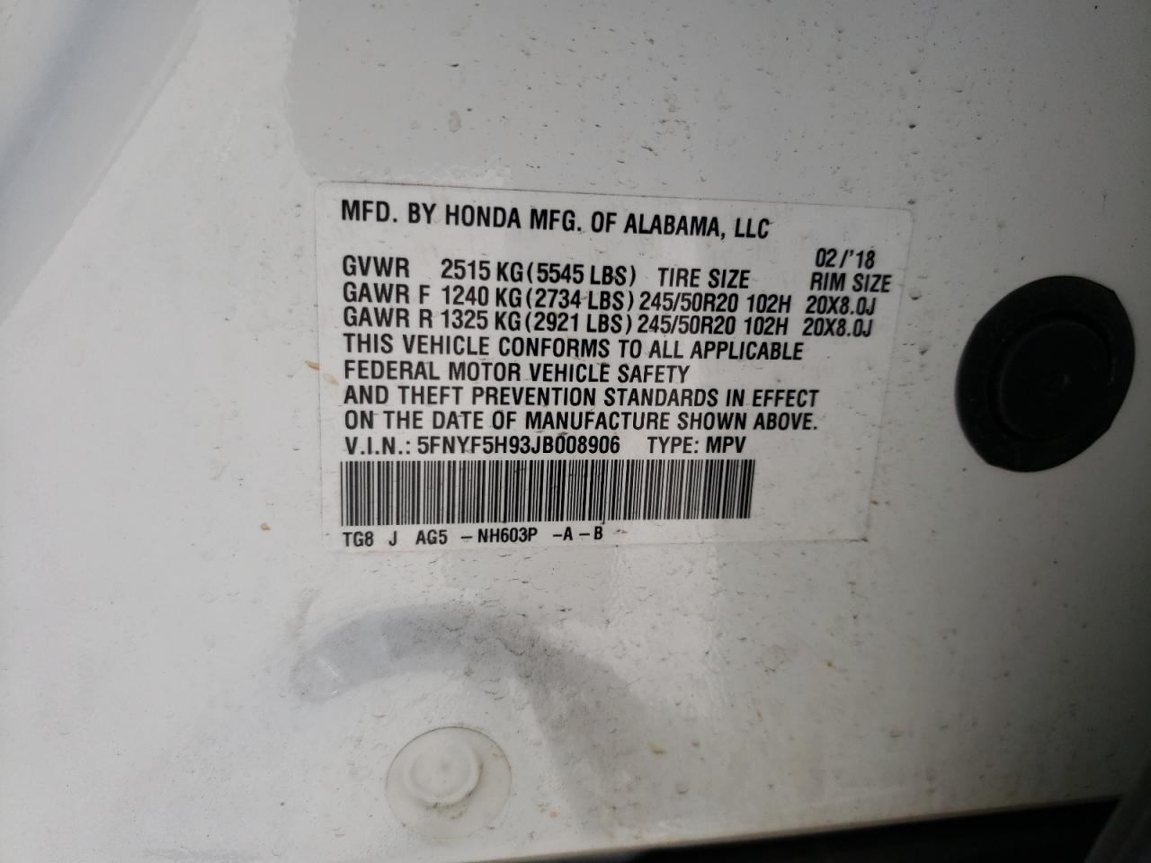 2018 Honda Pilot Touring VIN: 5FNYF5H93JB008906 Lot: 66497164