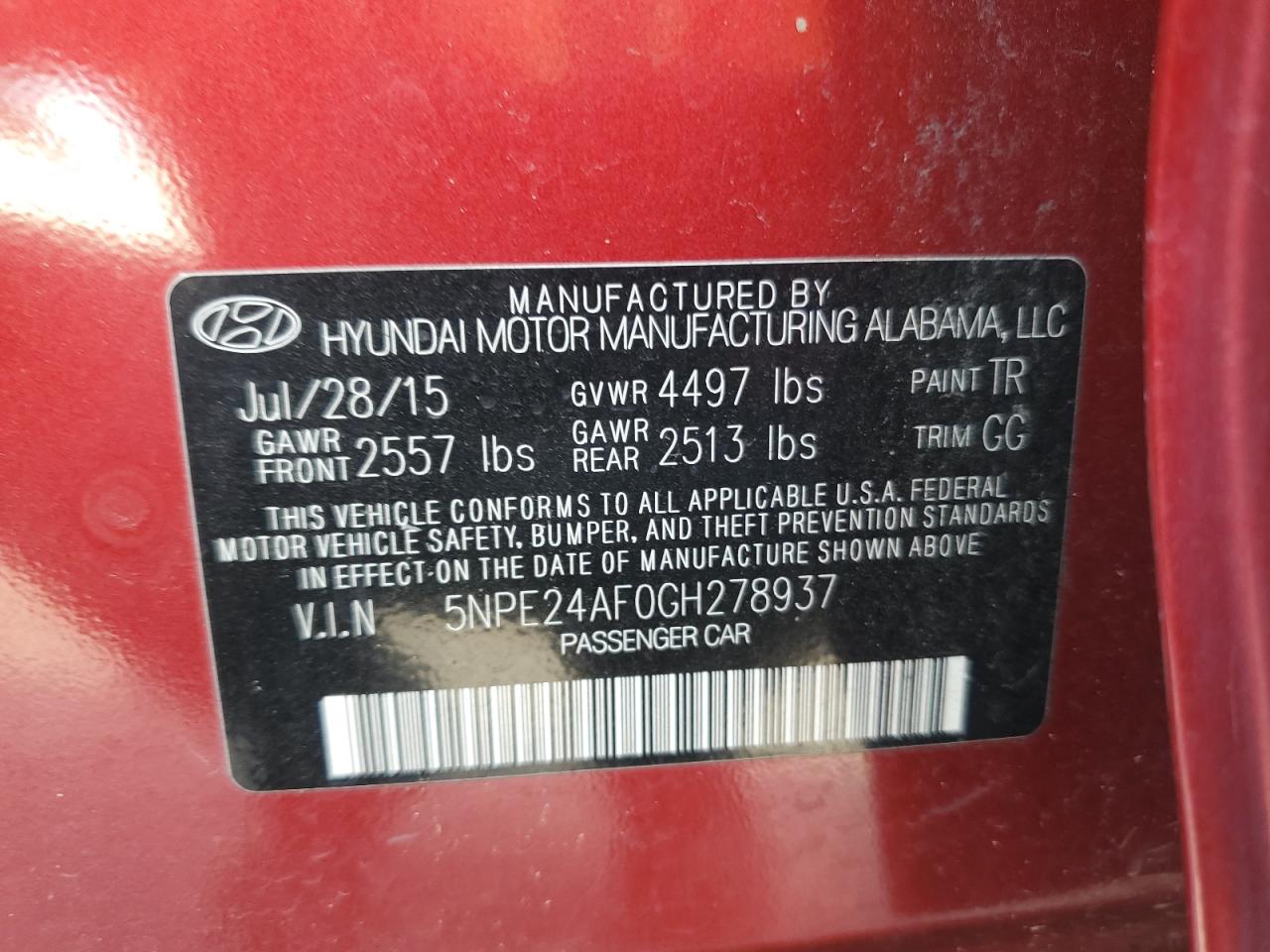 5NPE24AF0GH278937 2016 Hyundai Sonata Se