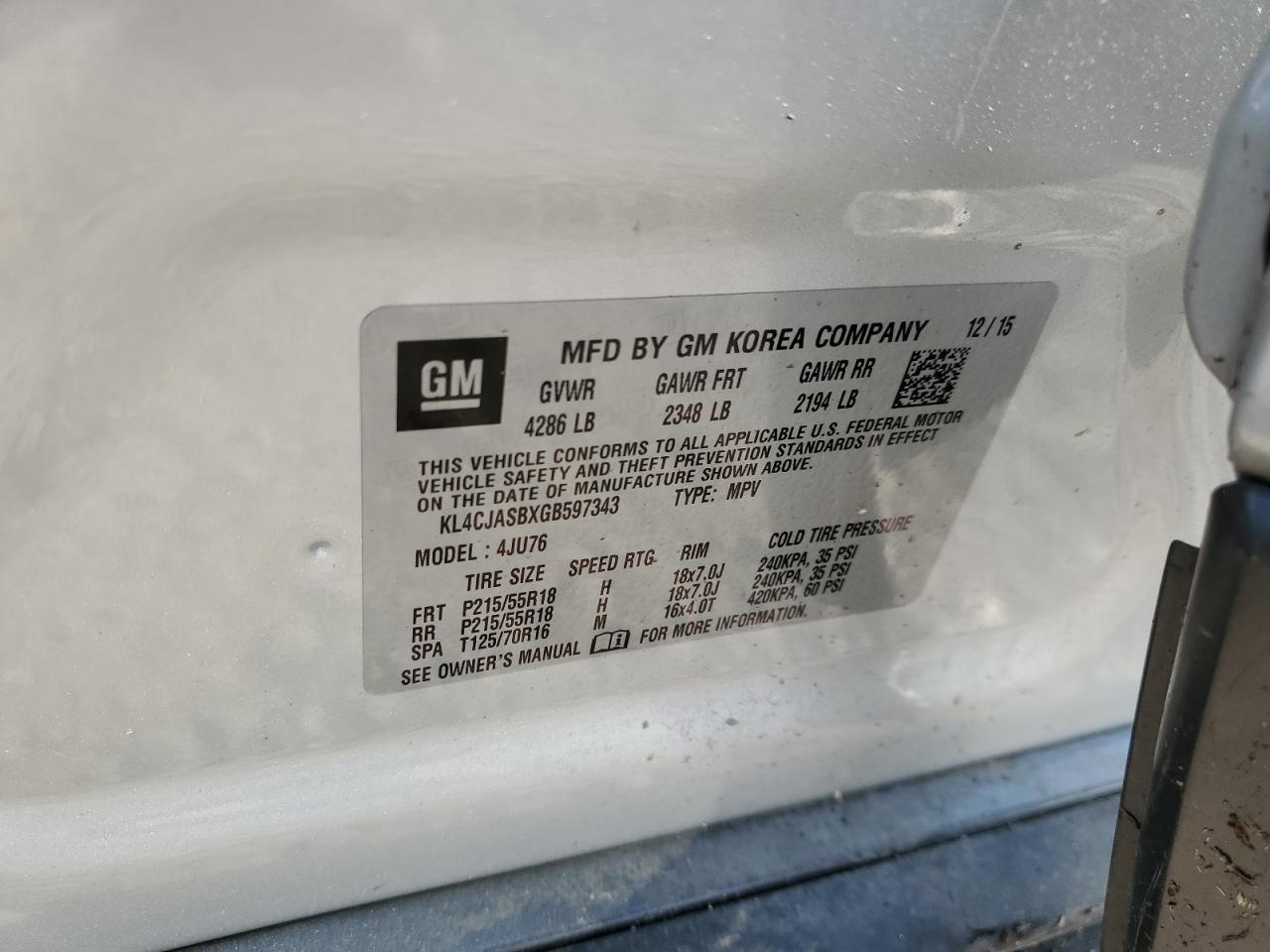 2016 Buick Encore VIN: KL4CJASBXGB597343 Lot: 66501404