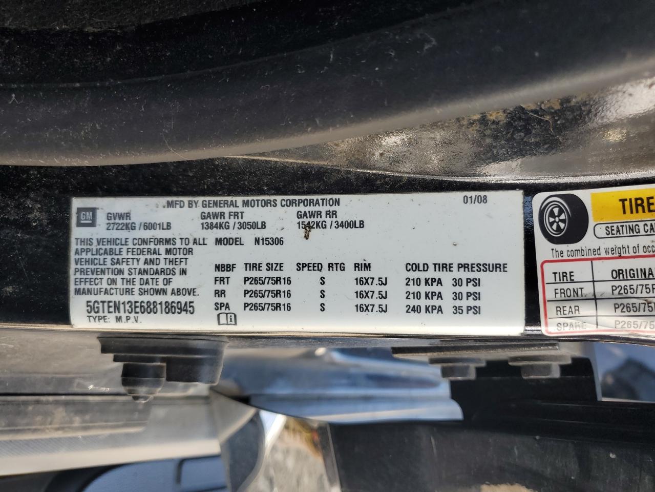 2008 Hummer H3 VIN: 5GTEN13E688186945 Lot: 65340154