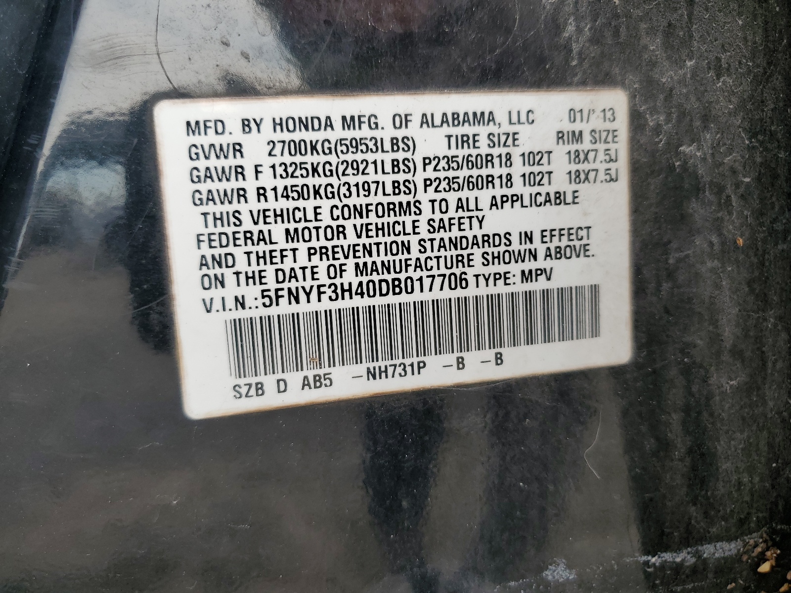 5FNYF3H40DB017706 2013 Honda Pilot Ex