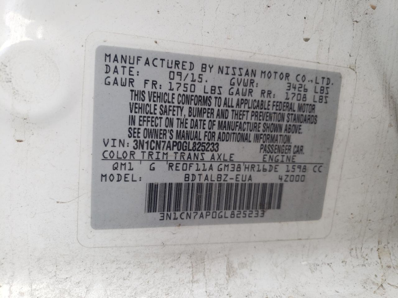 3N1CN7AP0GL825233 2016 Nissan Versa S