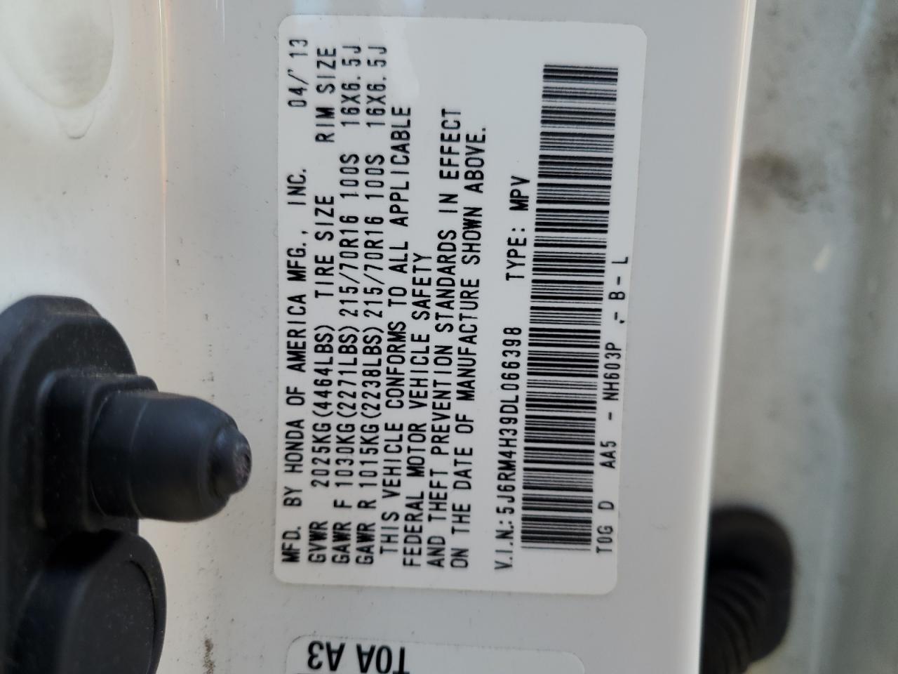 2013 Honda Cr-V Lx VIN: 5J6RM4H39DL066398 Lot: 67527194