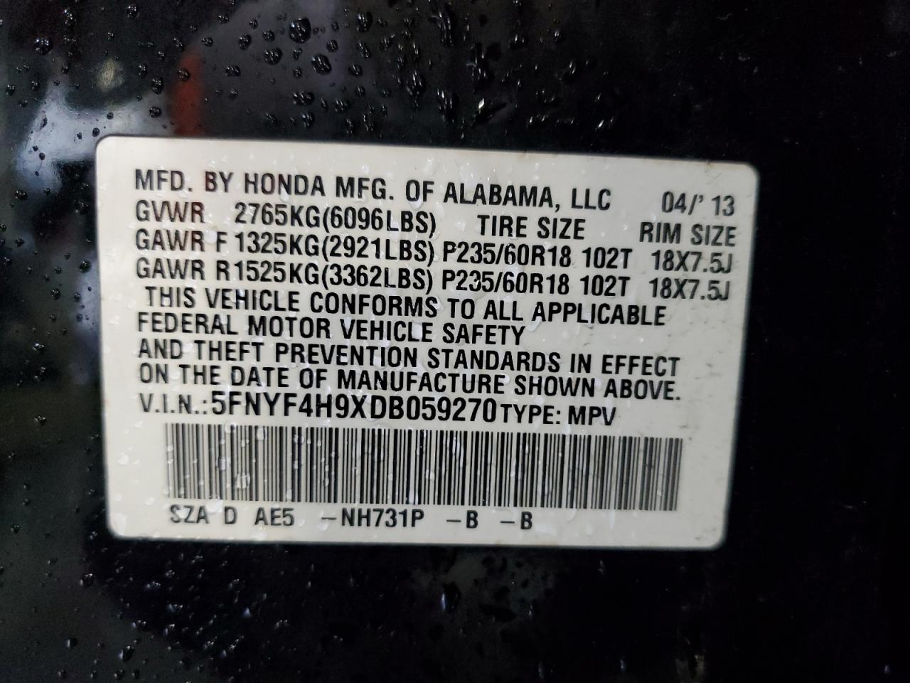 2013 Honda Pilot Touring VIN: 5FNYF4H9XDB059270 Lot: 66061224