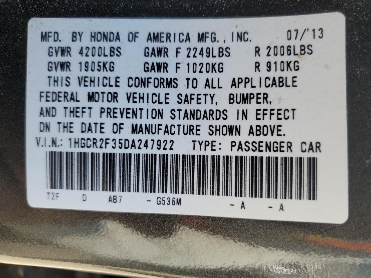 1HGCR2F35DA247922 2013 Honda Accord Lx