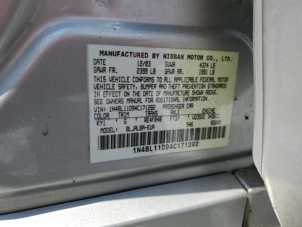 2004 Nissan Altima Se VIN: 1N4BL11D94C171282 Lot: 69436454