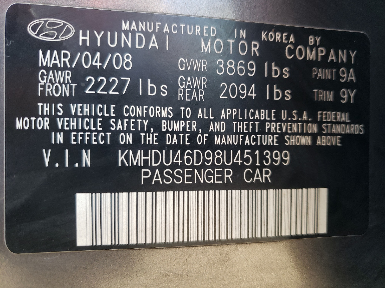KMHDU46D98U451399 2008 Hyundai Elantra Gls