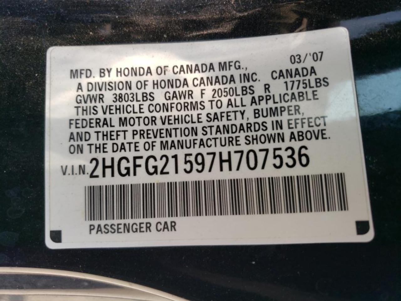 2007 Honda Civic Si VIN: 2HGFG21597H707536 Lot: 66484144