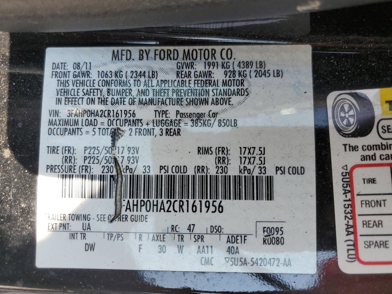 2012 Ford Fusion Se VIN: 3FAHP0HA2CR161956 Lot: 67919874