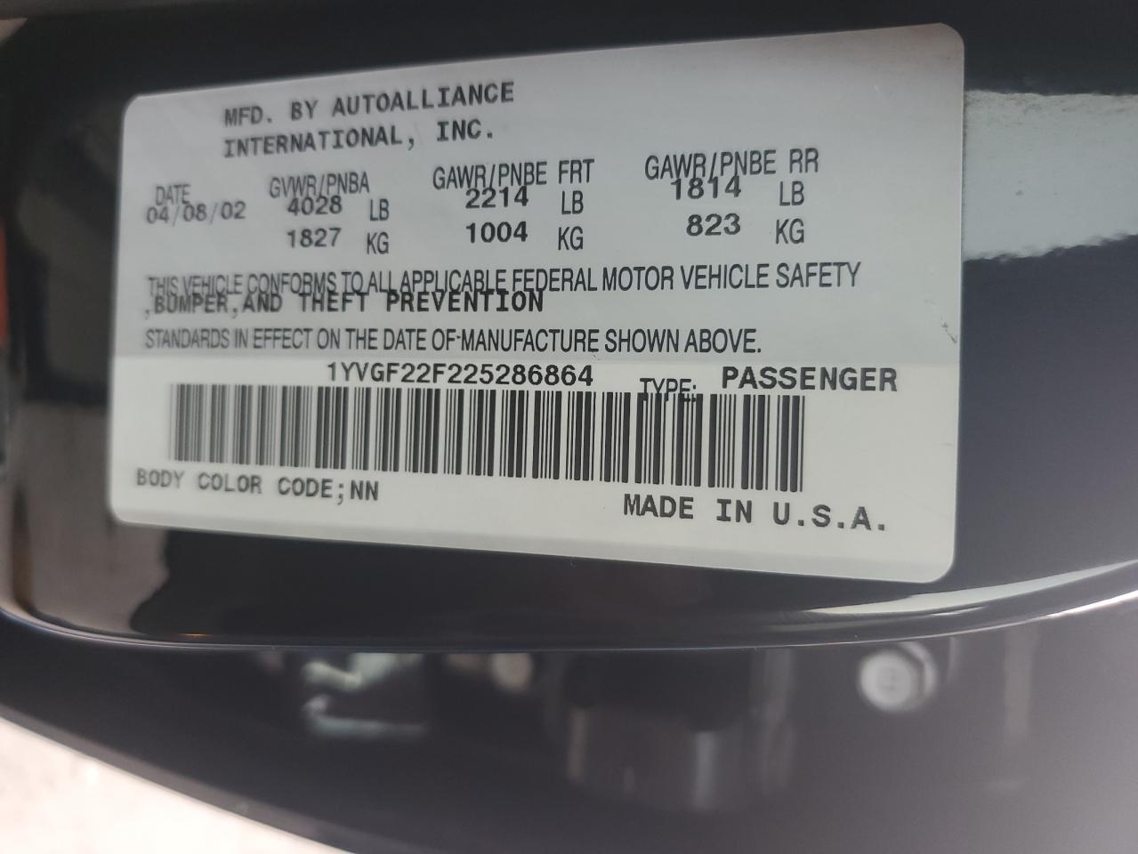 2002 Mazda 626 Es VIN: 1YVGF22F225286864 Lot: 65740104