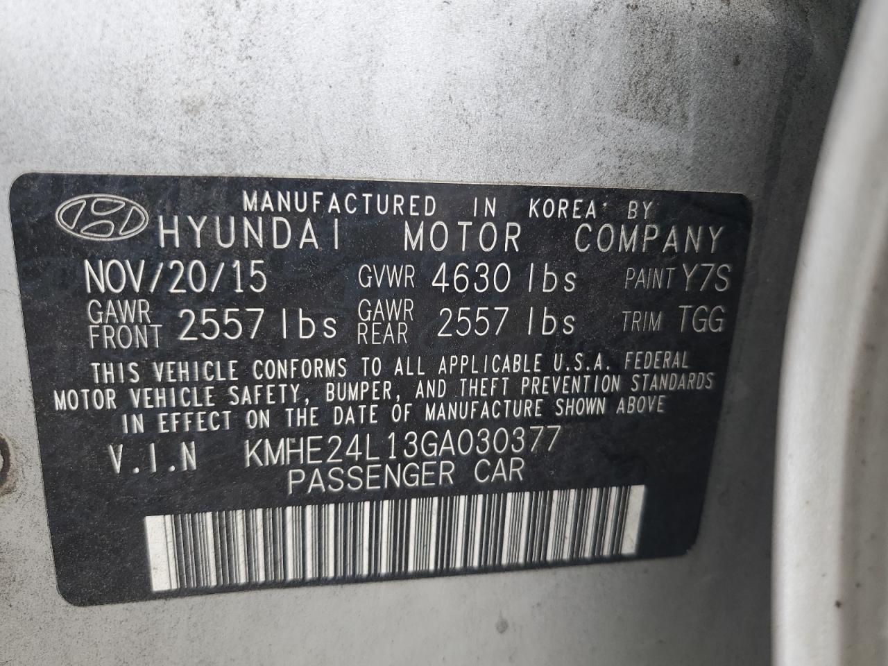 2016 Hyundai Sonata Hybrid VIN: KMHE24L13GA030377 Lot: 66690374