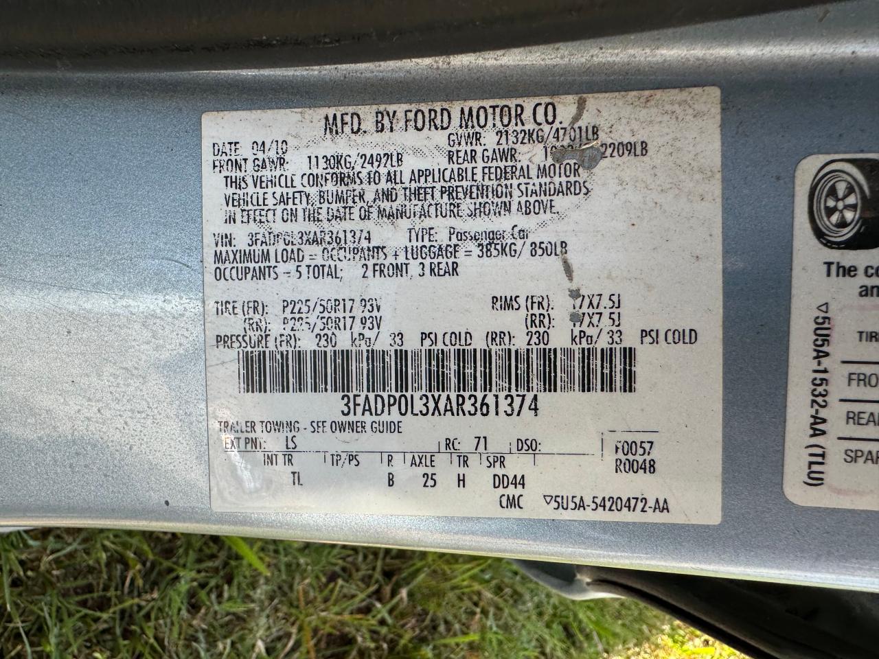 2010 Ford Fusion Hybrid VIN: 3FADP0L3XAR361374 Lot: 66513974