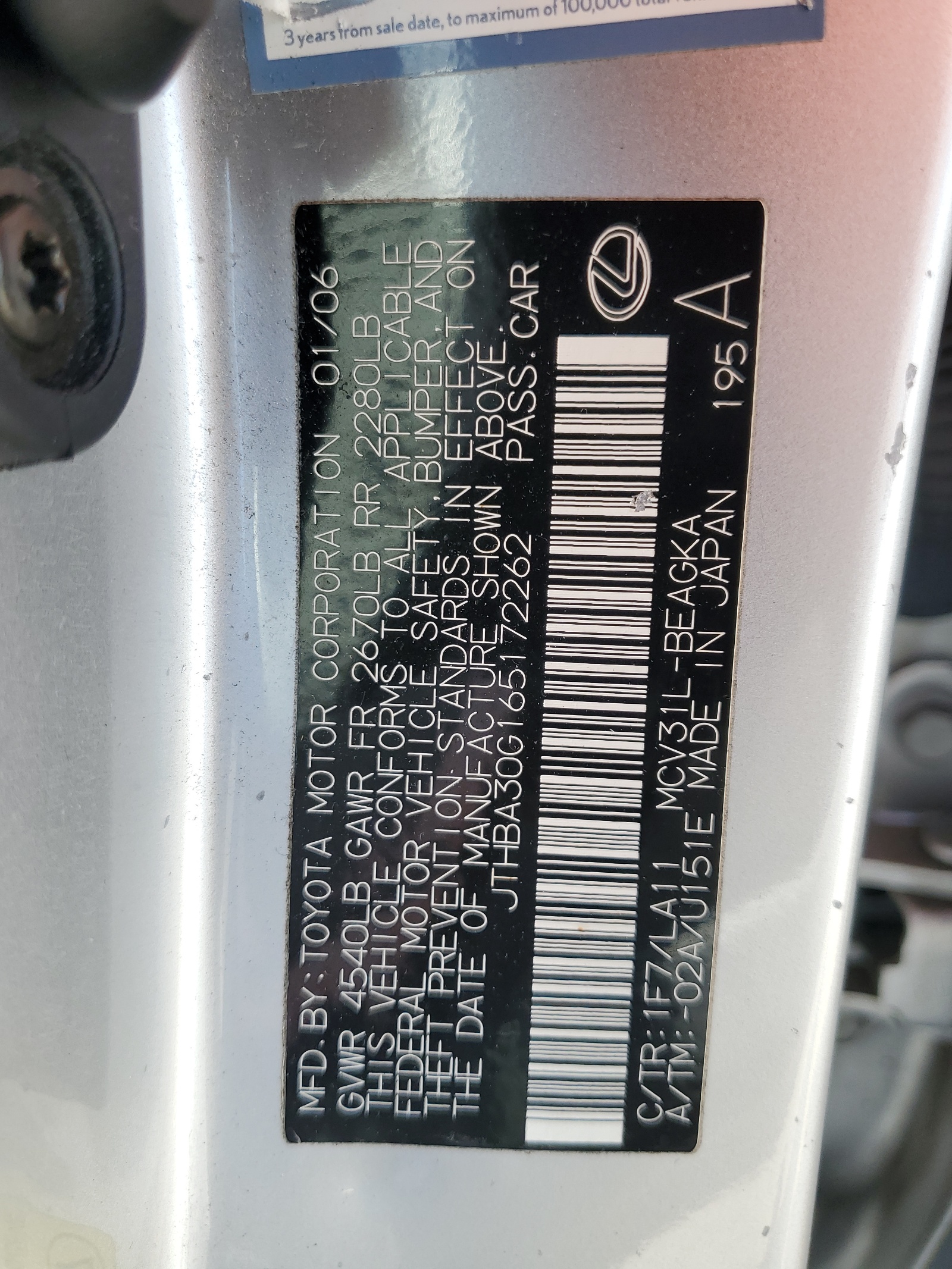 JTHBA30G165172262 2006 Lexus Es 330