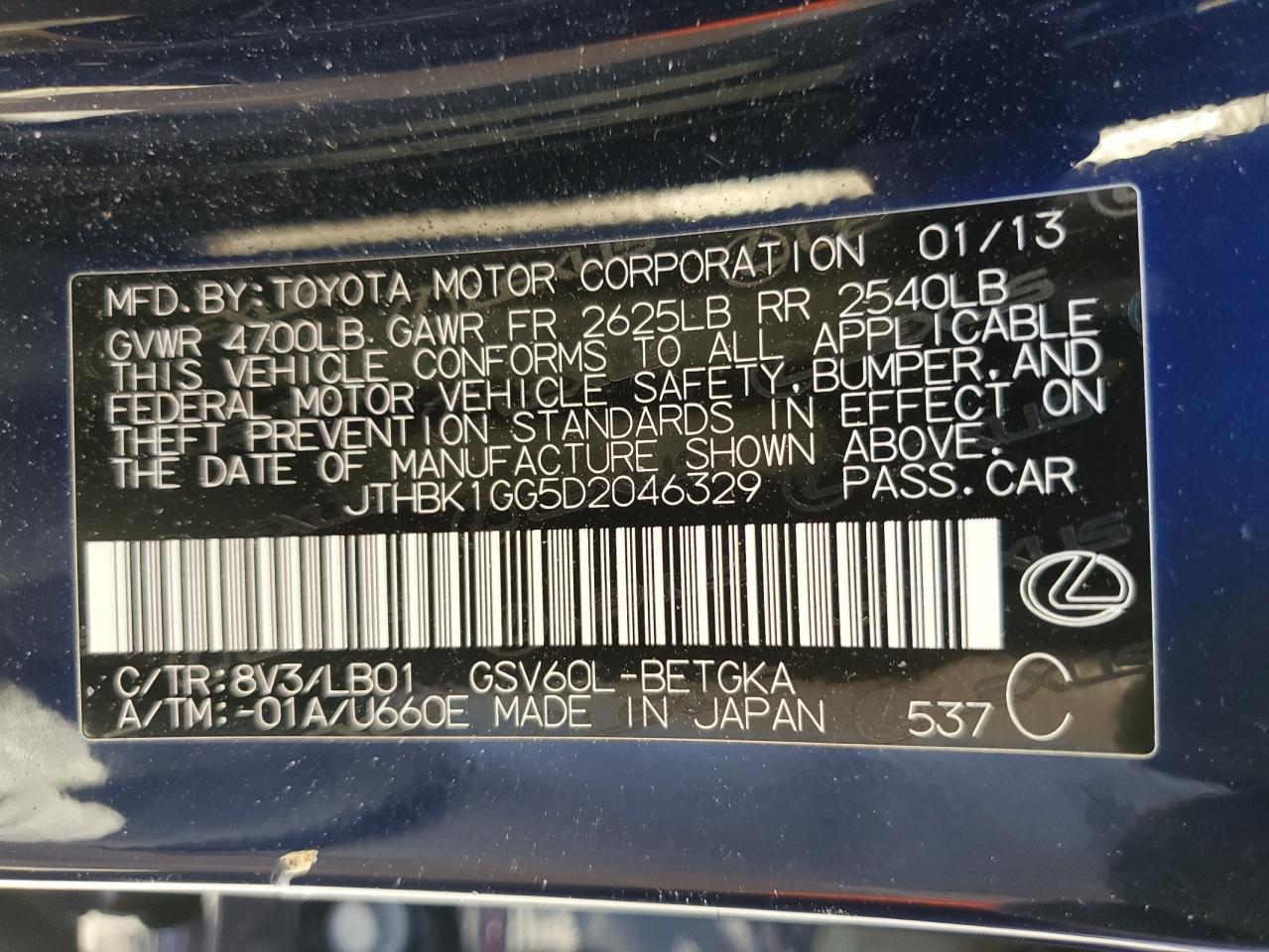 2013 Lexus Es 350 VIN: JTHBK1GG5D2046329 Lot: 68441784